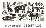 Wild animals with ethnic folk patterns in Scandinavian style.  stickers in vintage style. Boho silhouettes and floral patterns, doodle Scandinavian folk textile pattern