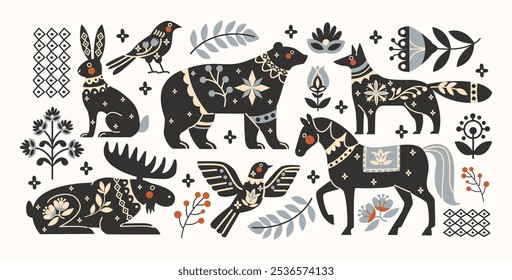 Wild animals with ethnic folk patterns in Scandinavian style.  stickers in vintage style. Boho silhouettes and floral patterns, doodle Scandinavian folk textile pattern