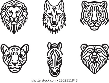 Wild Animals face bold line art vector silhouette set of tattoo icons