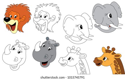 Wild Animals Faces elements set, collection of coloring book template, the group of outline digital elements vector illustration, kid educational game page.