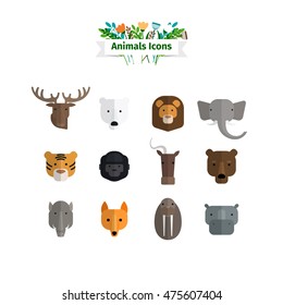 Wild Animals Faces Flat Avatars Set. Vector illustration