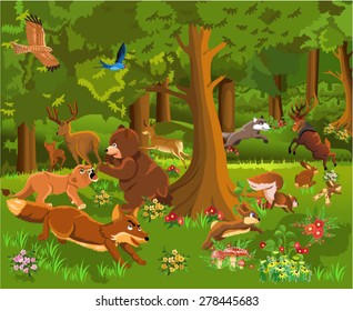 Wild Animals Playing Running Through Forest Stock Vector (Royalty Free ...