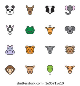 Wild animals filled outline icons set, line vector symbol collection, animals face linear colorful pictogram pack. Signs, logo illustration, Set includes icons as hippopotamus, zebra, monkey, koala