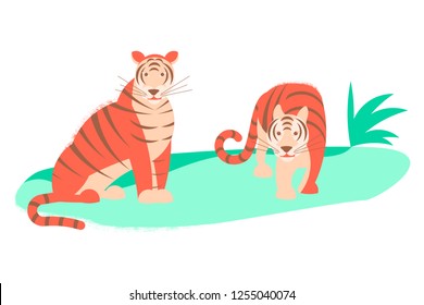 Wild animals in flat modern design. Two tigers isolated on a green background. Vector illustration eps 10.