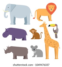 Wild animals in flat style. Vector pictures collection of wild, animals, elephant and giraffe, lion and hippo, rhino and monkey illustration