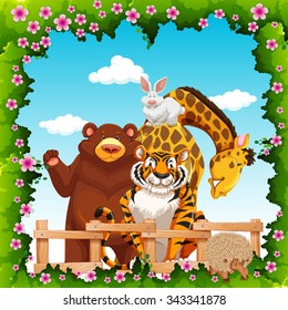 Wild animals in flower frame illustration