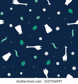 Wild animals and flowers vector seamless pattern with polar bear and giraffe. Retro style background, cute vintage template for wrapping paper, web design, patchwork, sewing or sheet fabric