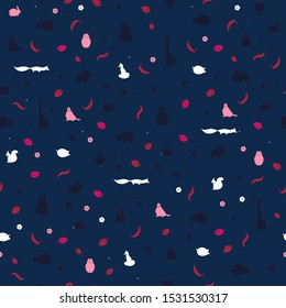 Wild animals and flowers vector seamless pattern. Retro style background, cute vintage template for wrapping paper, web design, patchwork, sewing or sheet fabric