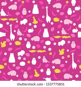 Wild animals and flowers vector seamless pattern. Retro style background, cute vintage template for wrapping paper, web design, patchwork, sewing or sheet fabric