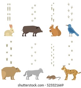 Wild animals foot steps track vector set. Forest and sky mascots footprint silhouette illustration