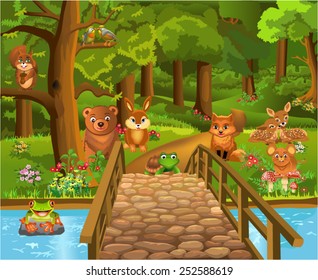 wild animals in the forest and a bridge in the foreground