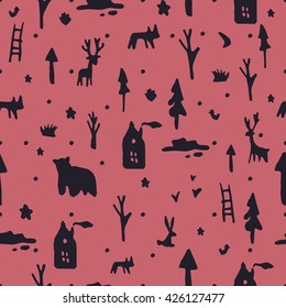 Wild animals in the forest cute seamless pattern