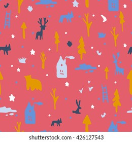 Wild animals in the forest  cute seamless pattern