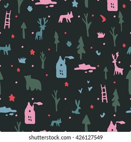 Wild animals in the forest  cute seamless pattern
