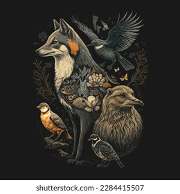 Animales salvajes en el fondo oscuro del bosque