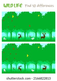 Wild animals in the forest. Deer around the tree, rabbits run, birds fly. Find 10 differences. Educational game for children. Cartoon vector illustration