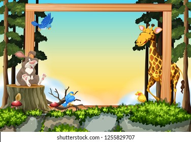Wild animals in forest frame illustration