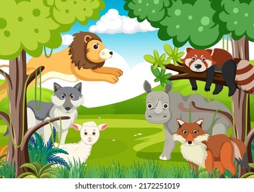 Wild animals in the forest illustration