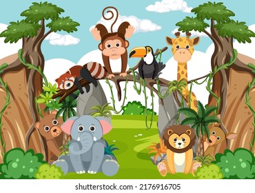 Wild animals in the forest illustration