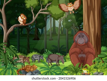 Wild animals in forest landscape background illustration