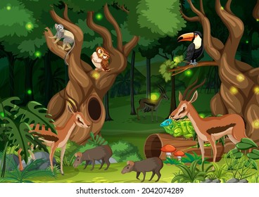 Wild animals in forest landscape background illustration