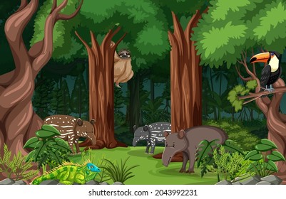 Wild animals in forest landscape background illustration