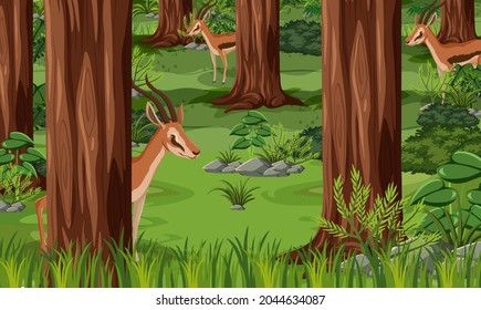 Wild animals in forest landscape background illustration