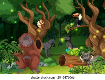 Wild animals in forest landscape background illustration