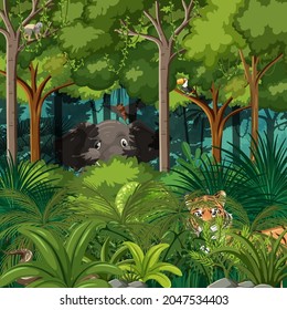 Wild animals in forest landscape background illustration