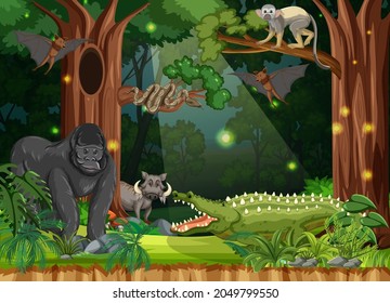 Animales silvestres en la ilustración de fondo del paisaje forestal