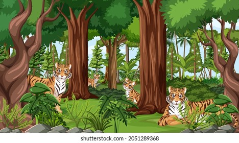 Wild animals in forest landscape background illustration