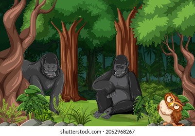 Wild animals in forest landscape background illustration