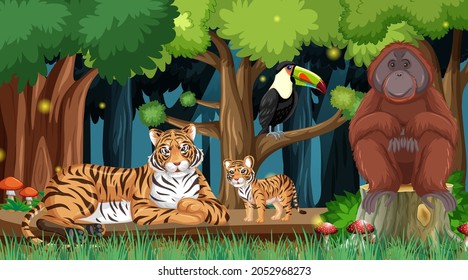 Wild animals in forest landscape background illustration