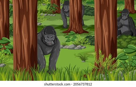 Wild animals in forest landscape background illustration