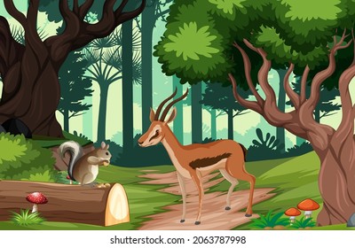 Wild animals in forest landscape background illustration
