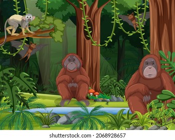 Wild animals in forest landscape background illustration