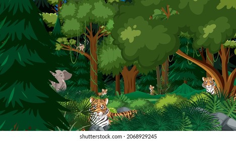 Wild animals in forest landscape background illustration