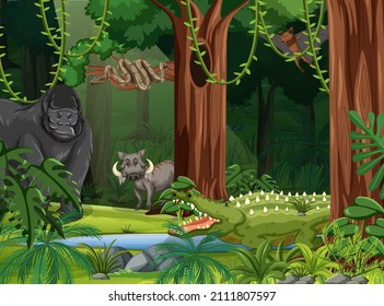 Wild animals in forest landscape background illustration