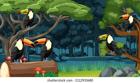 Wild animals in forest landscape background illustration