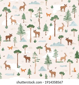 Wild animals in forest. Moose, deer, fox in the natural environment. Birds silhouette. Abstract mountains, pine trees, lakes, plants. Vector wildlife illustration, seamless pattern with woodland.