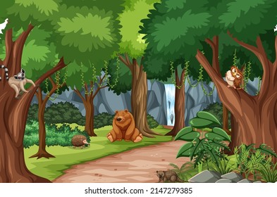 Wild animals in the forest scene illustration