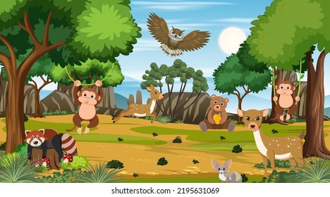 Wild animals in the forest scene illustration