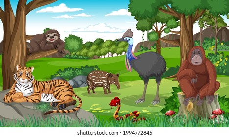 Wild animals in forest scene with many trees illustration