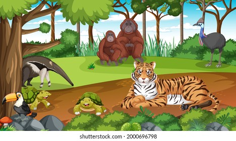 Wild animals in forest scene with many trees illustration