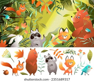 Wild animals in the forest, wildlife cartoon for kids. Animals isolated clip art and colorful nature background for children events. Hand drawn animals vector illustration in watercolor style.