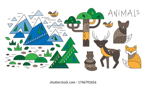 Wild animals. Fox, wolf, deer, beaver, tree, pine, mountains vector. Isolated image. Vector set for children's illustrations, educational materials, books, children's site