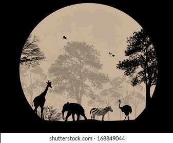 Wild animals in front a full moon, vector illustration