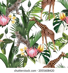 Wild animals (giraffe, cheetah) in savannah. Watercolor style Jungle Zoo seamless pattern.	