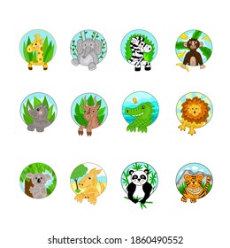Wild animals (giraffe, elephant, zebra, monkey, rhino, gazelle, crocodile, lion, koala, kangaroo, panda, tiger). Preschool education. Vector illustration.