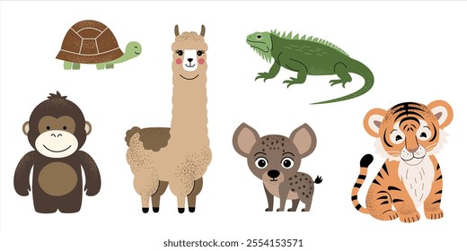 Wild animals. Gorilla, llama, hyena, tiger, iguana, turtle. Hand drawn safari set.